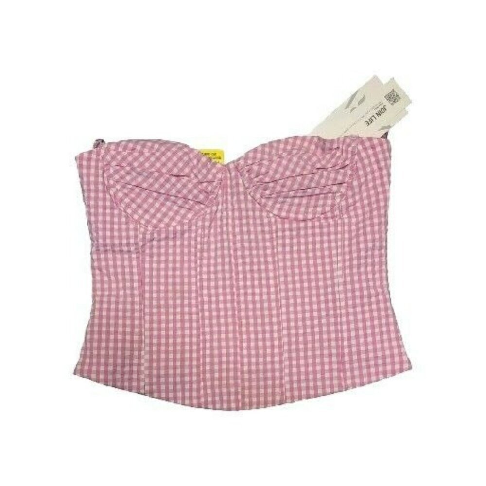Zara Cotton Stretchy GINGHAM CORSET Pink Plaid Sweetheart Neck TOP XS 218…